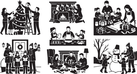 Fototapeta premium Family Christmas and Winter Holiday Activities Silhouette: Decorating Tree, Baking Cookies, Caroling, Building Snowman, and Opening Gifts