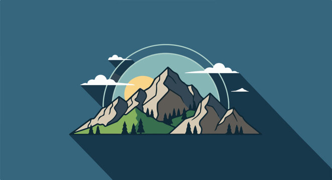 Stylized mountain range with a sun and clouds