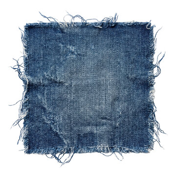 Distressed blue denim fabric patch with frayed edges