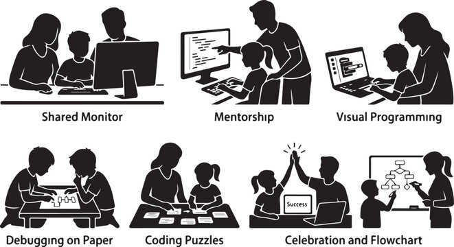 Family Coding and Computer Education Silhouette Vector: Parents and Kids Learning Programming, Gaming, and Remote Working Together