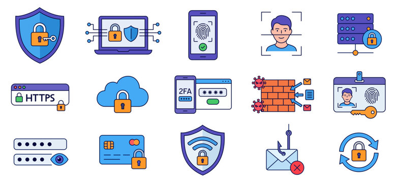Cybersecurity flat icons and elements set. Data protection vector illustrations collection