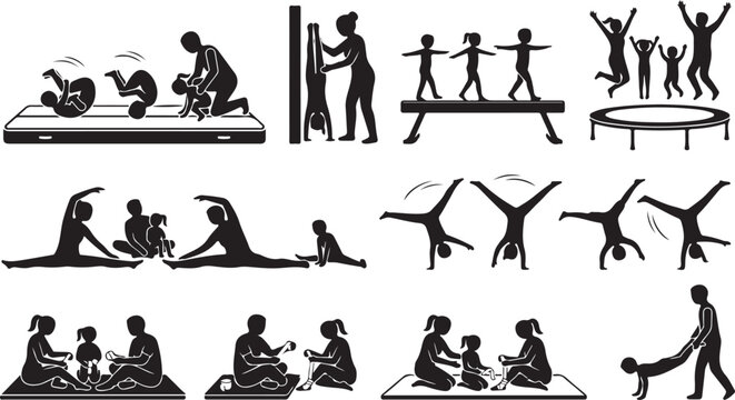  Family Gymnastics and Fitness Workout Silhouette Vector: Parents and Children Doing Yoga, Stretching, Handstands, and Active Exercises