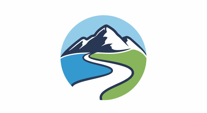 Stylized mountain peak with winding river and green hillside within a circle