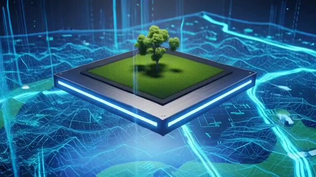 Futuristic Golf Course Map with 3D Digital Overlay and Golf Ball