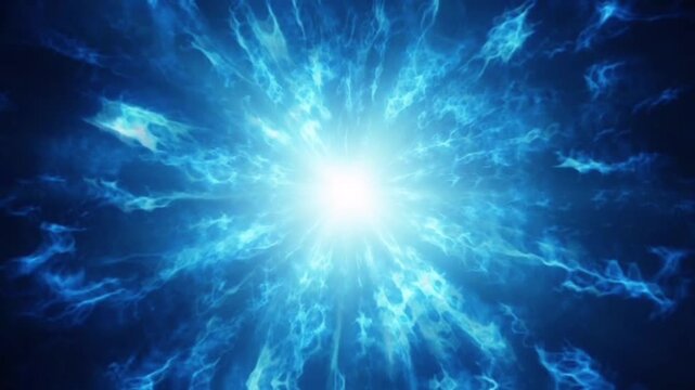 The swirl of electric blue glowing particles and fibers creates a dynamic effect that resembles a cosmic nebula, a dimensional portal, or a powerful release of quantum energy. 