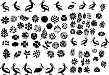 Fototapeta premium Collection of decorative silhouettes featuring pelicans and floral motifs, botanical elements, stylized nature icons, creative design artwork for illustration projects