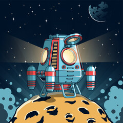 Retro futuristic space lander standing on the surface of the moon or asteroid under a starry sky. Stylized sci fi design. Vector illustration © Agor2012