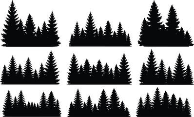 Obraz premium Pine forest silhouettes collection with evergreen trees, nature landscape elements, woodland tree line set for outdoor design, winter forest illustration isolated on white background