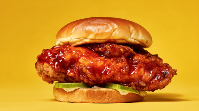 Crispy fried chicken burger with pickles on yellow background