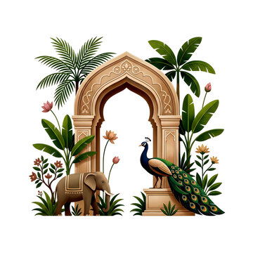 An ornate arched gateway framed by lush tropical foliage features a regal peacock and elephant high quality professional detailed modern elegant