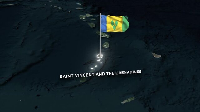 Saint Vincent and the Grenadines Map Animation with 3D Waving of Saint Vincent and the Grenadines National Flag with Glowing Border Animation on World Map