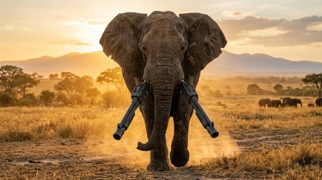 African elephant with mechanical tusks cinematic wildlife concept futuristic animal portrait
