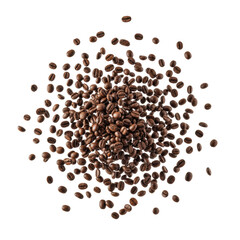 Obraz premium Dark roasted coffee beans in a radial mid-air explosion with sharp textures and oily surfaces floating against a transparent background, premium energy burst