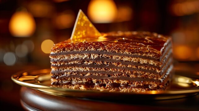 Classic Dobos torte cake slice with chocolate layers and caramel top