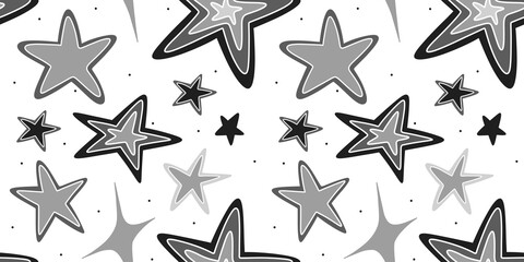 Obraz premium Monochrome hand drawn stars seamless banner, black and white celestial repeat, modern minimal textile design