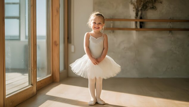 Little Ballerina Girl Smiling in White Tutu in Sunny Dance Studio.