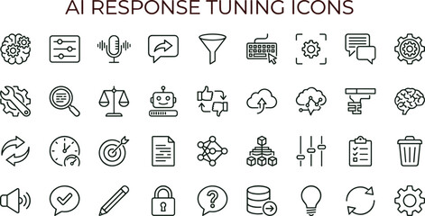 Naklejka premium AI response tuning outline icon set featuring prompt optimization workflow adjustment feedback automation vector collection for dashboards interfaces presentations