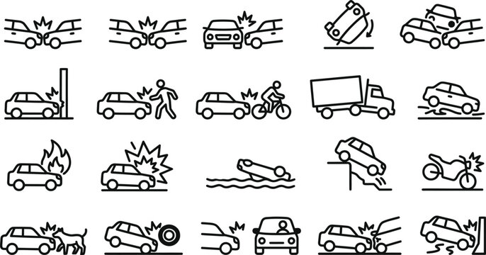 Car crash icons set for infographics and road safety presentations