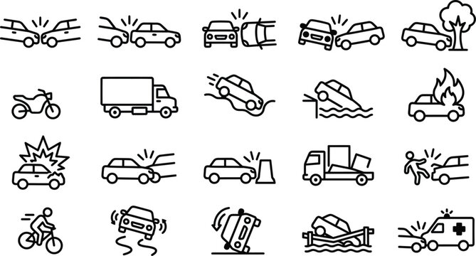 Car accident line icons set, 20 vehicle crash and road safety symbols, automotive insurance and emergency transport vector illustrations