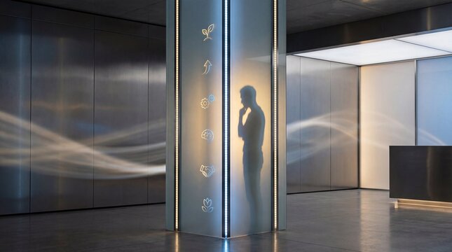 A person stands in a sleek, modern elevator lobby with metallic walls indoors.