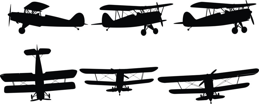 Set of six black silhouette biplane aircraft from different angles isolated on transparent background.