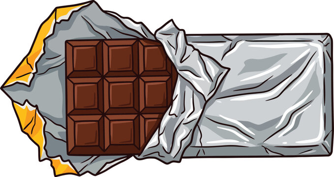 Chocolate bar in silver foil and yellow paper wrapper, dark cocoa candy bar vector illustration, sweet snack dessert in opened packaging