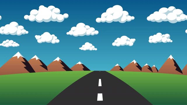 Endless Road Perspective With Moving Clouds Seamless Loop Animation. Straight road stretching into the distance with clouds slowly moving across a bright blue sky. Seamless loop animation