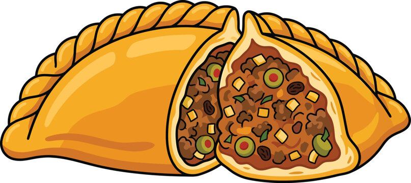 Savory beef empanada cut open showing filling for food blog or recipe illustration