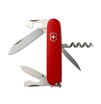 Red swiss army knife multi-tool with blades open