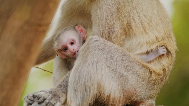 A protective female vervet monkey sits on a thick wooden branch within a lush green canopy while cradling her small infant closely to her chest during a calm moment in the african wilderness.