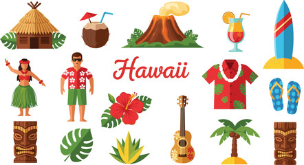 Hawaii Tropical Vacation Vector Set Featuring Volcanic Eruptions Hula Dancers Tiki Masks Palm Trees and Exotic Cocktails for Island Travel and Summer Beach Holiday Designs © Mostrenu