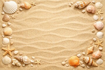 Obraz premium A frame of various seashells, starfish, and small pebbles arranged on a background, of rippled golden, beach sand with, a central empty, copy space area