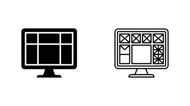 Web design wireframe layout on computer monitor icon set with wireframe computer interface template