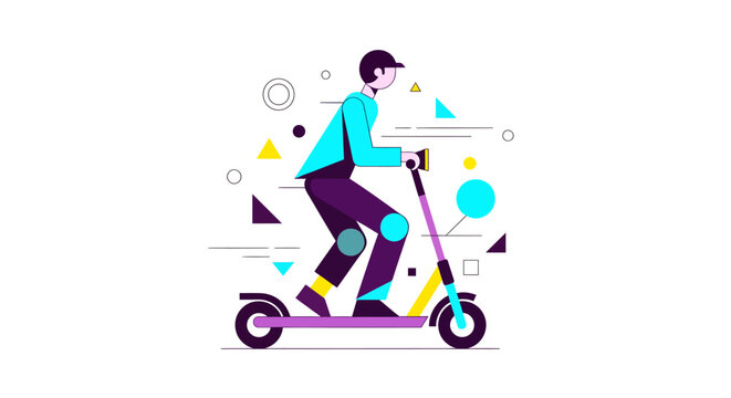 Man riding electric scooter with colorful geometric shapes