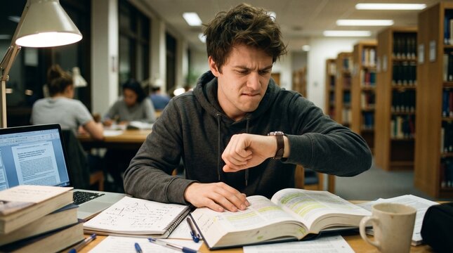 Stressed male student checking time while studying in library during exam preparation