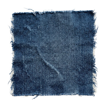 Distressed square blue denim patch with frayed edges