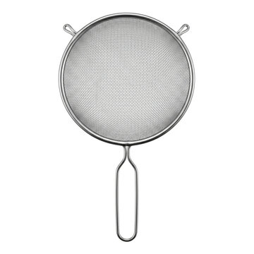 Stainless steel fine mesh strainer on transparent background