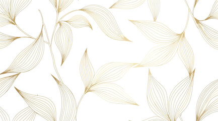 Golden line art leaves pattern on elegant floral seamless background with gold leaf outlines luxury botanical design © S.Siam