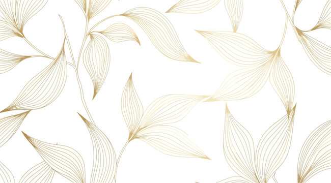 Golden line art leaves pattern on elegant floral seamless background with gold leaf outlines luxury botanical design