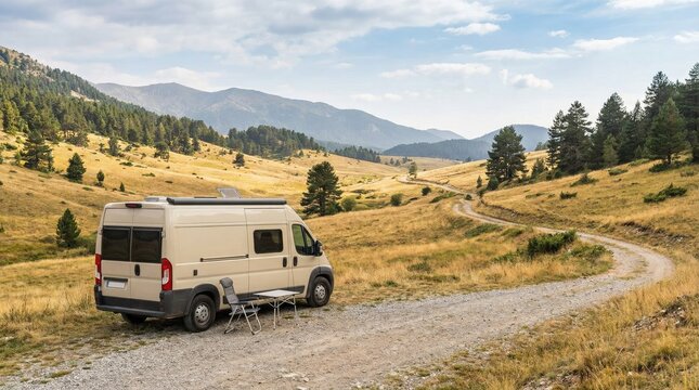 Beige camper van parked on a gravel road in a vast mountain valley with dry yellow grass and distant rolling hills under a cloudy blue sky in autumn