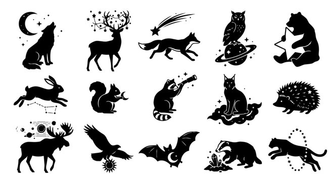 A collection of mystical wild animal silhouettes featuring celestial and magical elements, perfect for spiritual, nature, and fantasy-themed designs.