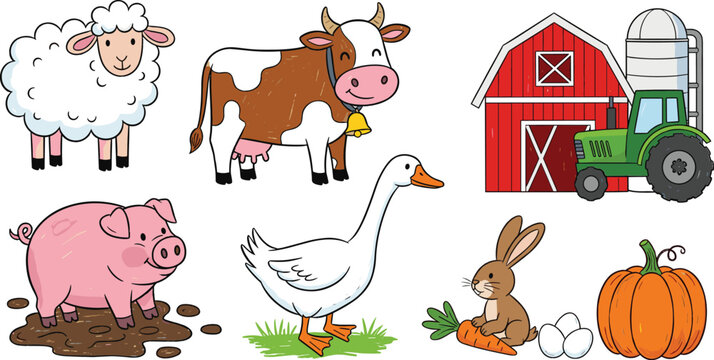 Farm animals and countryside elements set with cow sheep pig goose rabbit tractor and red barn house