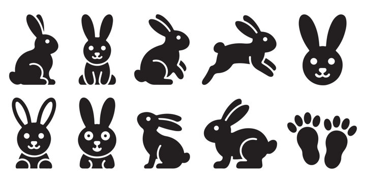 Collection of Bunny Rabbit Silhouettes and Footprints