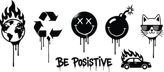 Street art graffiti style dripping icons featuring burning globe melting smiley faces and car fire © Mofajjol