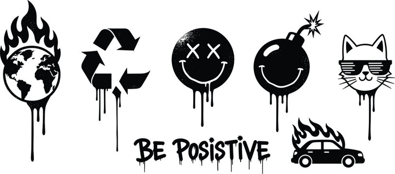Street art graffiti style dripping icons featuring burning globe melting smiley faces and car fire
