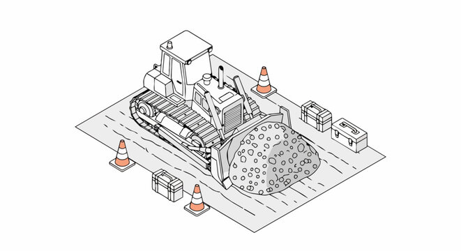 Isometric Bulldozer Construction Site Illustration, Heavy Machinery Moving Dirt on Road with Traffic Cones and Toolboxes, Minimalist Line Art Vector