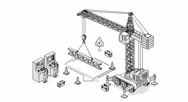 Isometric Line Art Construction Site with Mobile Crane and Operators Lifting Steel Beam