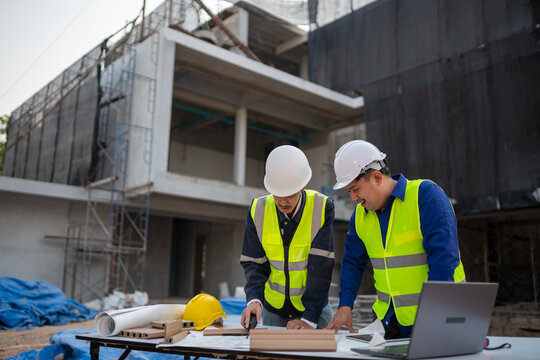 Construction meeting between engineers construction site professional discussion urban environment ground level project management