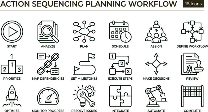 Action sequencing planning workflow outline icon set with project management scheduling automation process steps vector collection for web interfaces presentations