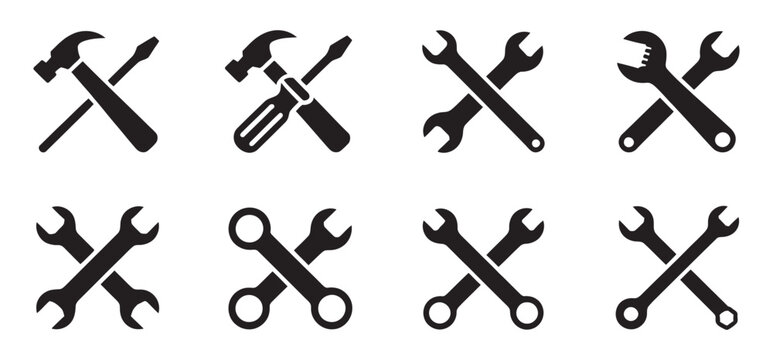 Wrench and spanner icon set, crossed tools symbols for repair maintenance construction industrial concept vector design